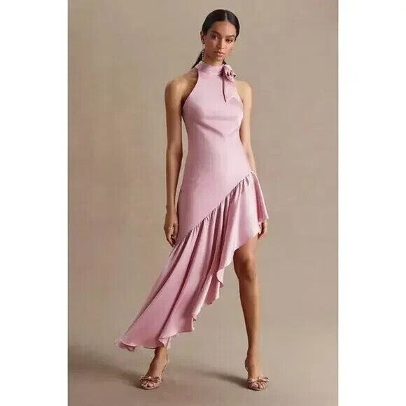 MAC DUGGAL HALTER NECK RUFFLED ASYMMETRICAL DRESS SZ‎ 2 ROSE PINK NEW $398 - Picture 1 of 7